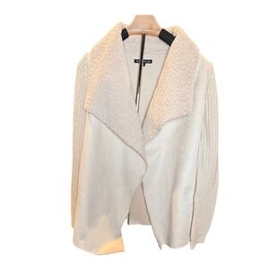 Madison & Lola Cream Knit Faux-Suede Trim Open Front Cardigan Sweater Size S
